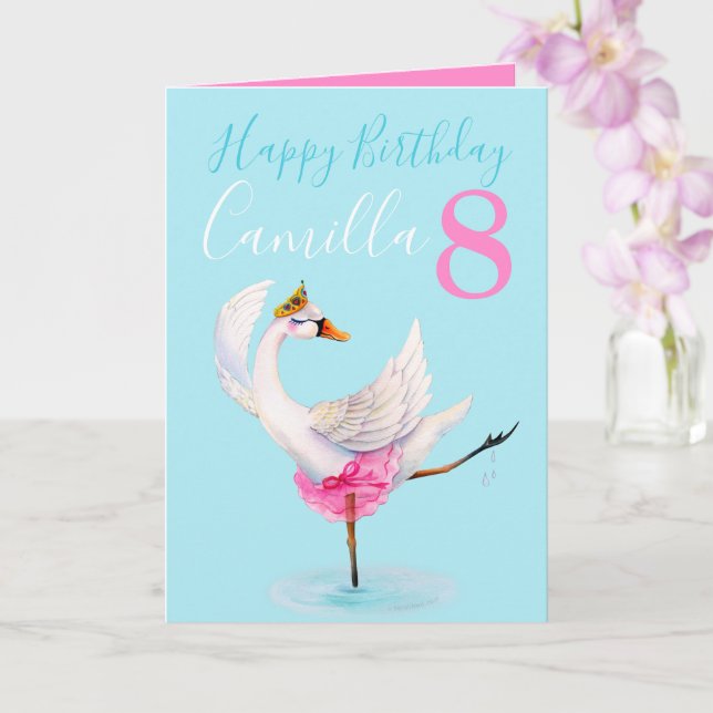 Watercolor ballet swan personalized 8th birthday card (Orchid)