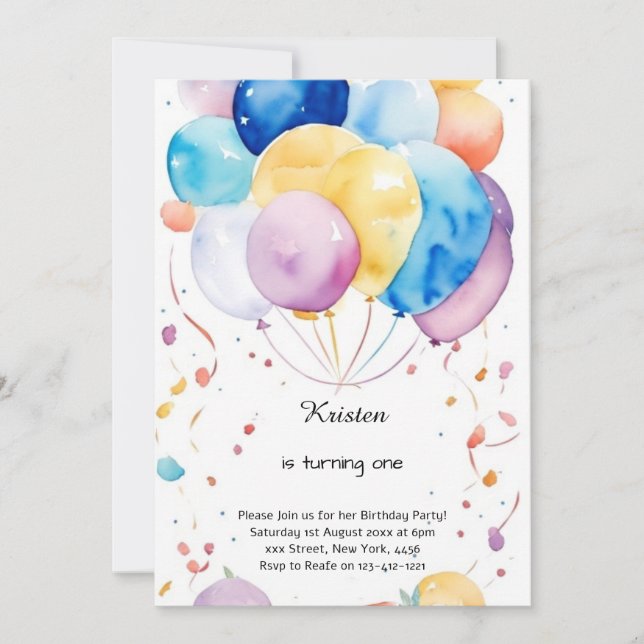 Watercolor Balloon 1er Anniversaire Invitation (Devant)