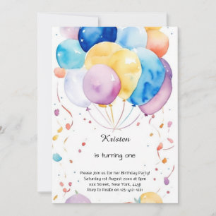 Watercolor Balloon 1er Anniversaire Invitation