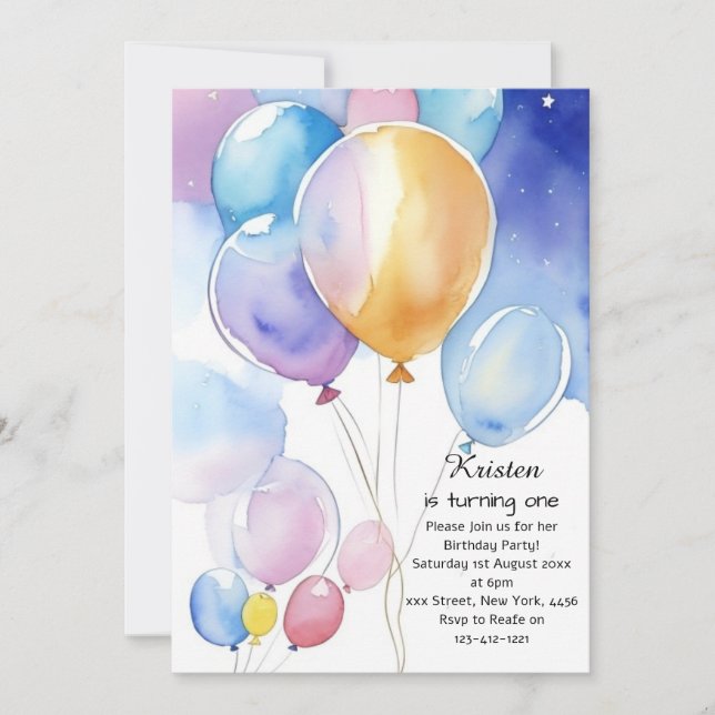 Watercolor Balloon 1er Anniversaire Invitation (Devant)