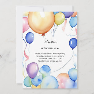 Watercolor Balloon 1st Birthday Invitation