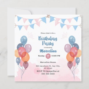 Watercolor Balloon birthday party Invitation Card 
