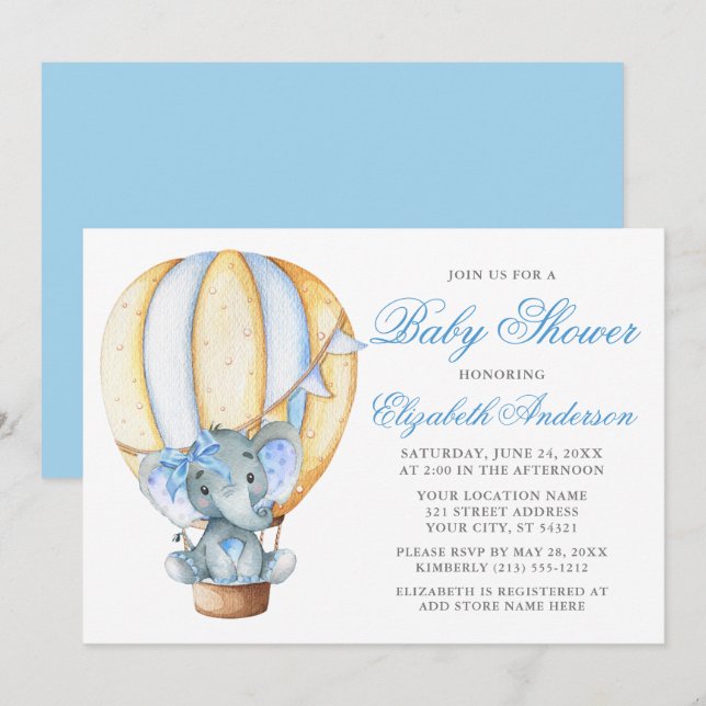 Watercolor Balloon Elephant Blue Bow Baby Shower Invitation (Front/Back)