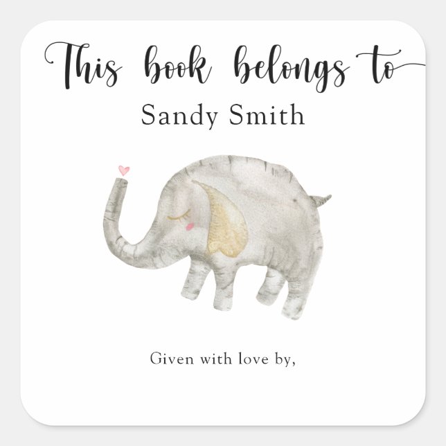 Watercolor balloon Elephant - this book belongs to Square Sticker (Front)