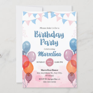 Watercolor Balloon girl birthday Invitation Card 