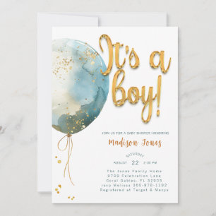 Watercolor Balloon It's A Boy Baby Shower Invitation