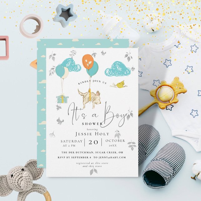 Watercolor Balloon Puppy Baby Boy Shower Invitation (Darling Baby Boy Shower with floating balloons and puppy.)
