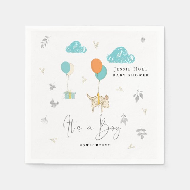 Watercolor Balloon Puppy Baby Boy Shower  Napkin (Front)