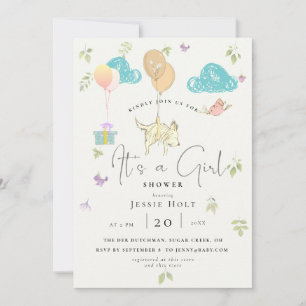 Watercolor Balloon Puppy Baby Girl Shower Invitation