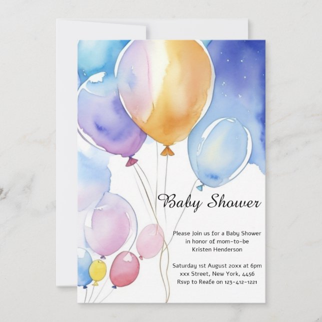 Watercolor Balloons Baby Shower Invitation (Front)