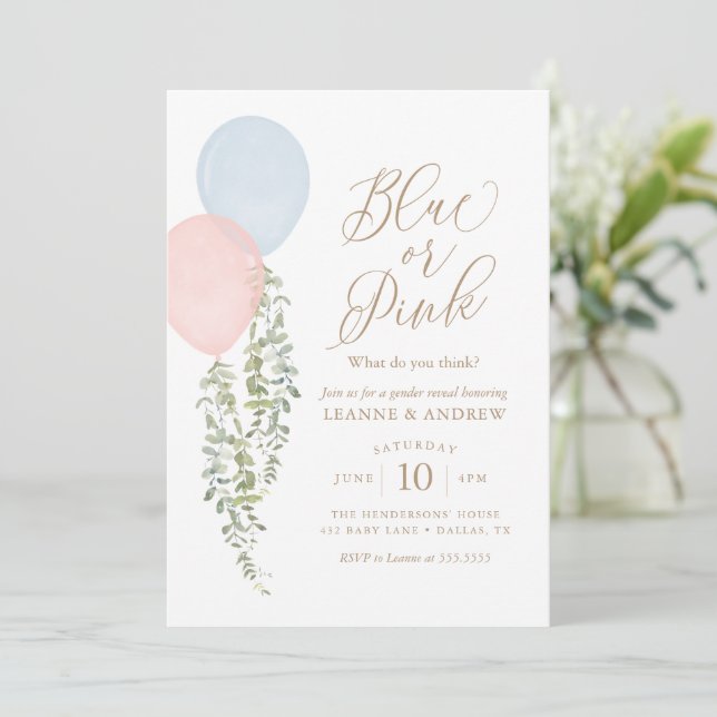 Watercolor Balloons Eucalyptus Gender Reveal Invitation (Standing Front)