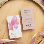 Watercolor Balloons Event Planner Business Card<br><div class="desc">Lighthearted vertical business cards for your event planning business feature a bunch of watercolor balloons in pink and purple, with your name and business name or title at the lower left. Personalize the reverse side with your contact information, including three social media icons and a template field for your social...</div>