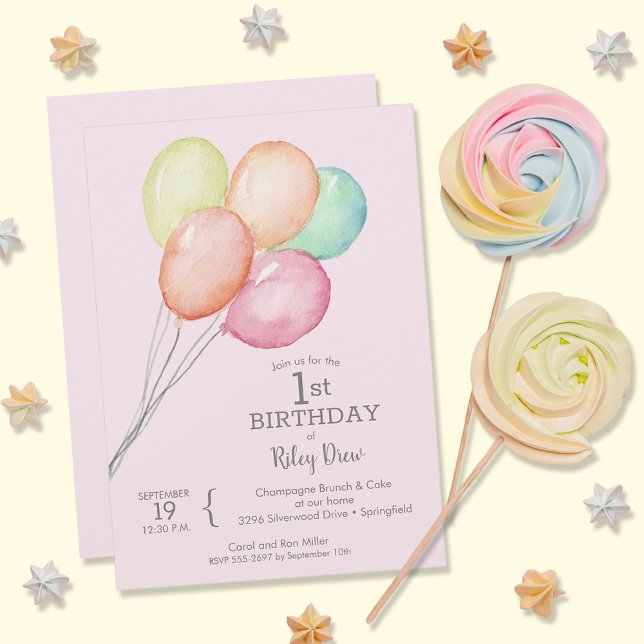 Watercolor Balloons Girl's 1st Birthday Invitation (Creator Uploaded)