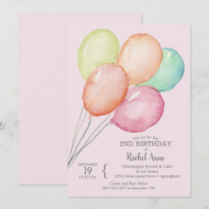 Watercolor Balloons Girl's 2nd Birthday Invitation