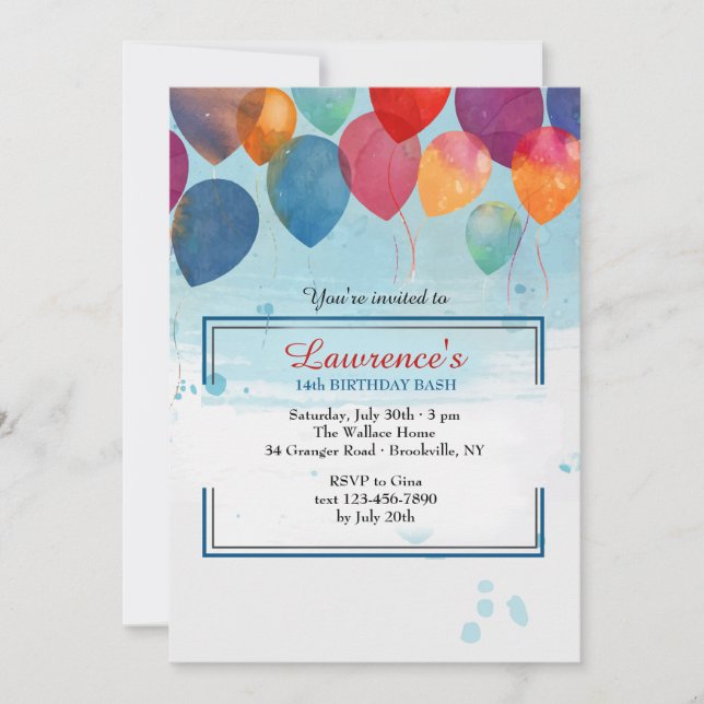 Watercolor Balloons Invitation (Front)