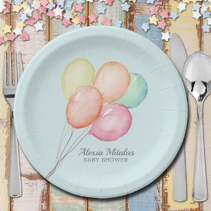 Watercolor Balloons on Blue Boy Baby Shower Paper Plate