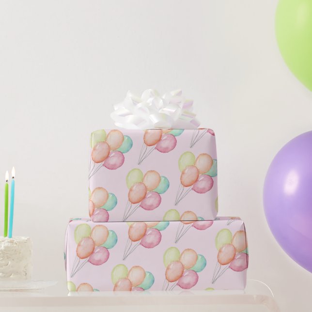 Watercolor Balloons on Pink Wrapping Paper (Party Gifts)