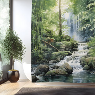 Watercolor Bamboo Forest Waterfall