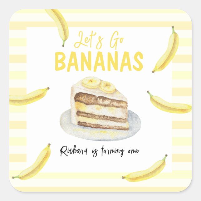 Watercolor Banana Cake Birthday Party Square Sticker (Front)