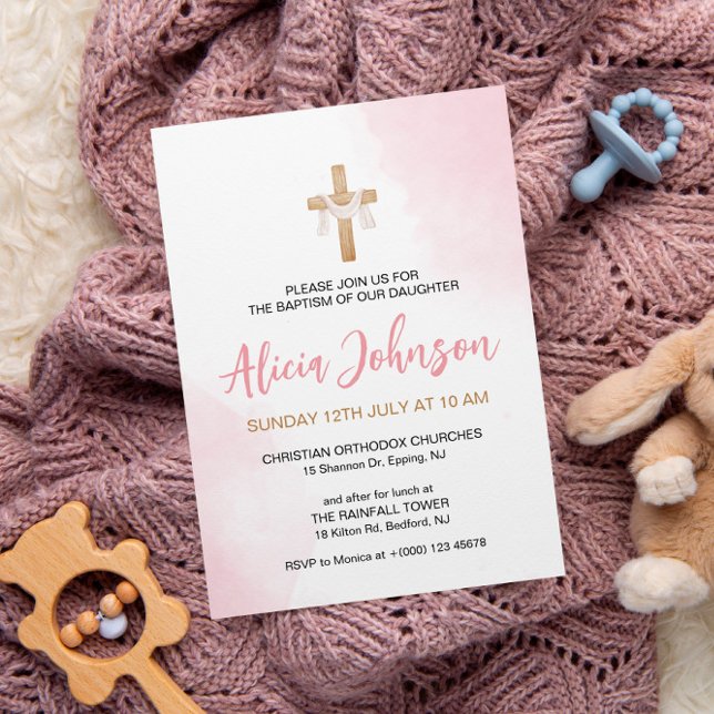Watercolor Baptism Pink Baby Girl Invitation (Creator Uploaded)