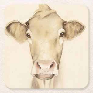 Watercolor Barn Animals Cow Square Paper Coaster