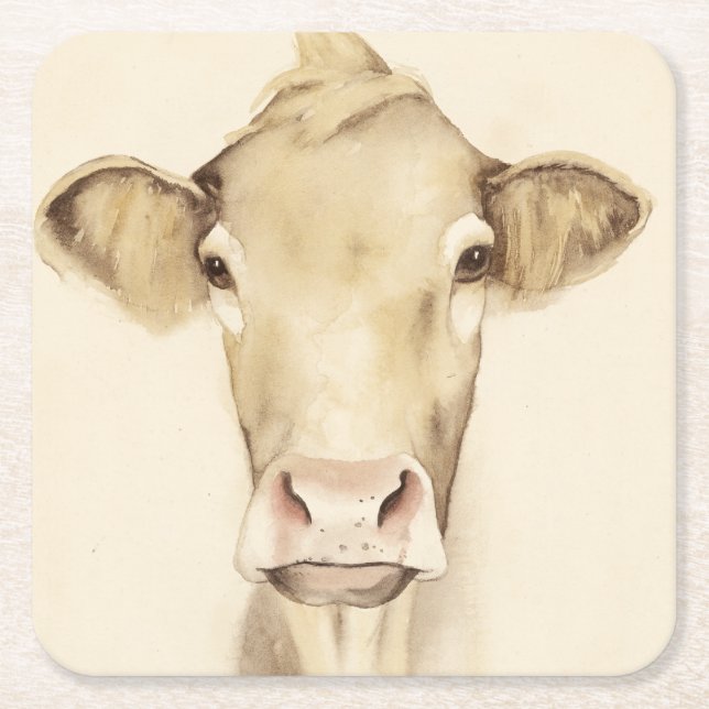 Watercolor Barn Animals | Cow Square Paper Coaster (Front)
