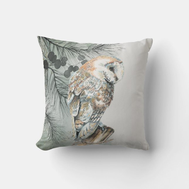 Watercolor Barn Owl Bird Nature Wildlife Art    Throw Pillow (Front)