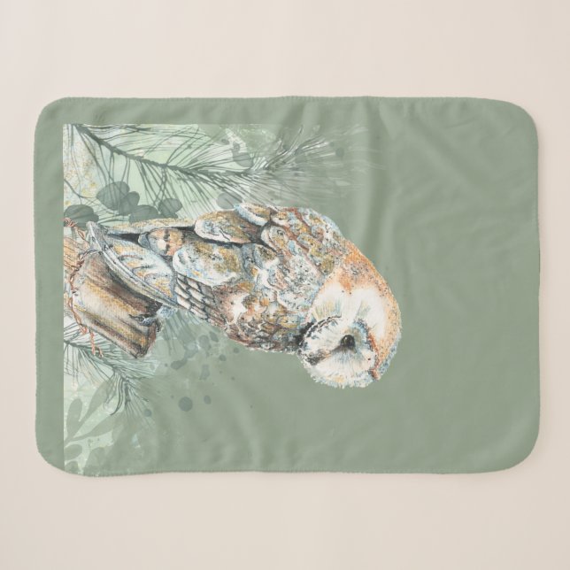 Watercolor Barn Owl Bird Wildlife Nature Art Sherpa Blanket (Front (Horizontal))