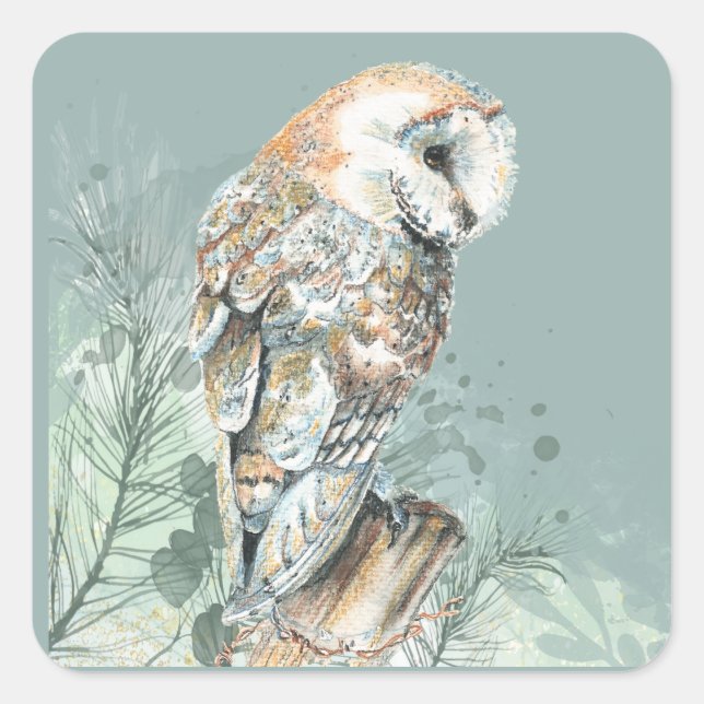  Watercolor Barn Owl Bird Wildlife Nature Art Square Sticker (Front)