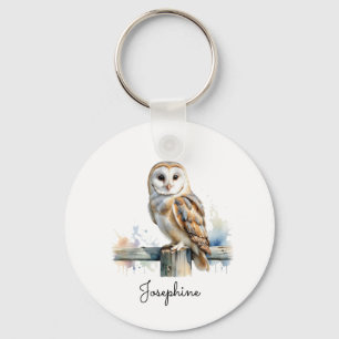Watercolor Barn Owl Elegant Personalized Name Keychain