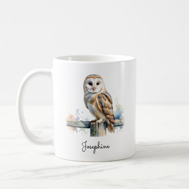 Watercolor Barn Owl Personalized Coffee Mug (Left)