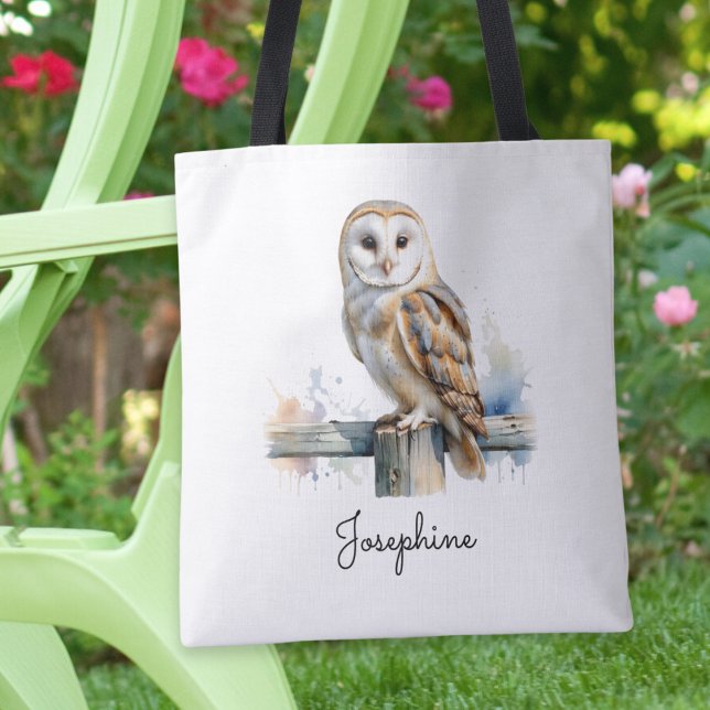 Watercolor Barn Owl Personalized Reusable Tote Bag (A personalized tote bag with picture of a barn owl in a watercolor style)
