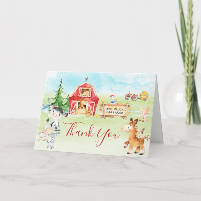 Watercolor Barnyard and Farm Animals Thank You Card (Front)