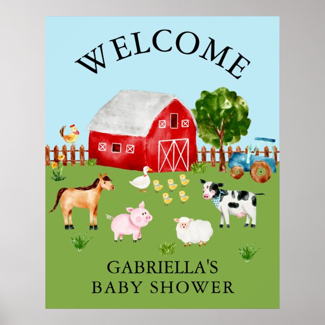 Watercolor Barnyard Animals Baby Shower Poster (Front)