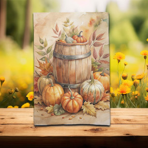 Watercolor Barrel with Pumpkins Fall Kitchen Towel