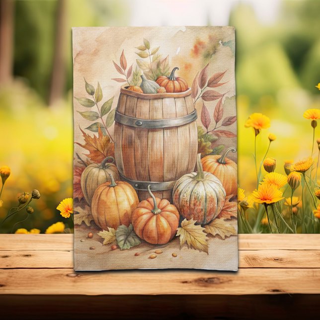 Watercolor Barrel with Pumpkins Fall Kitchen Towel (Creator Uploaded)