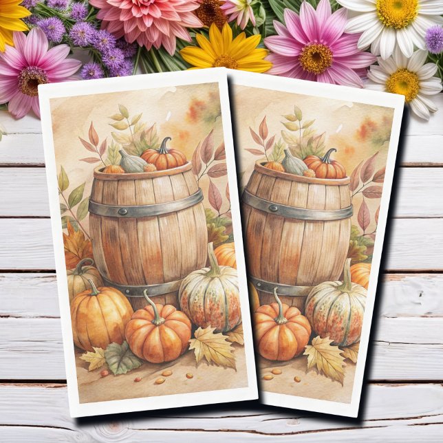 Watercolor Barrel with Pumpkins Fall Napkin (Creator Uploaded)