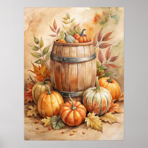 Watercolor Barrel with Pumpkins Fall Poster