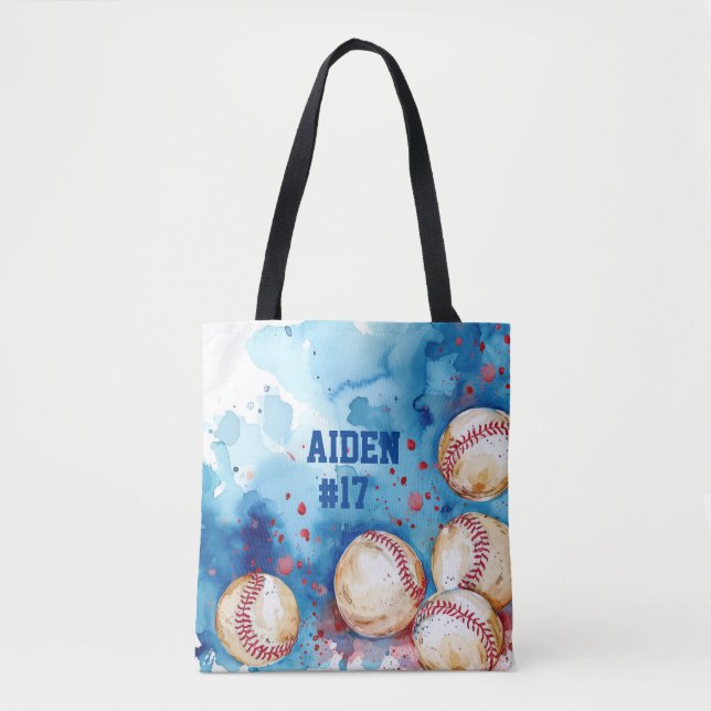 Watercolor Baseball Custom Name Tote Bag (Front)
