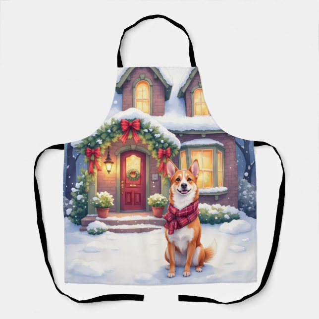 Watercolor Basenji Townhouse Christmas Holiday Apron (Front)