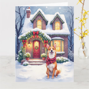 Watercolor Basenji Townhouse Christmas Holiday Card
