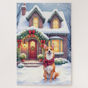 Watercolor Basenji Townhouse Christmas Holiday Jigsaw Puzzle