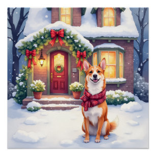 Watercolor Basenji Townhouse Christmas Holiday Poster