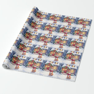 Watercolor Basenji Townhouse Christmas Holiday Wrapping Paper