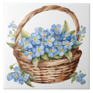 Watercolor Basket with Blue Forget-Me-Not Flowers Tile