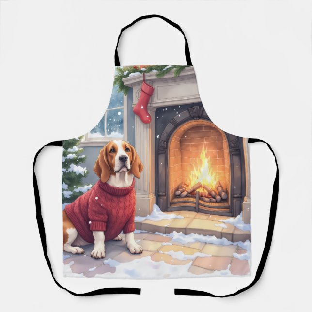 Watercolor Basset Hound Cozy Fireplace Christmas Apron (Front)