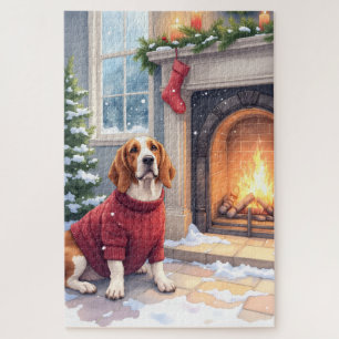 Watercolor Basset Hound Cozy Fireplace Christmas Jigsaw Puzzle