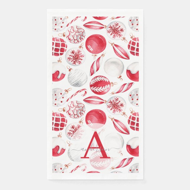 Watercolor Bauble Ornaments Monogrammed Christmas Napkin (Front)
