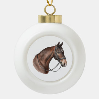 Watercolor Bay horse head in a bridle Ceramic Ball Christmas Ornament