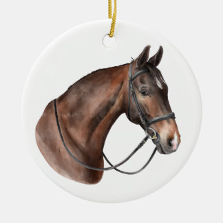 Watercolor Bay horse head in a bridle Ceramic Ornament